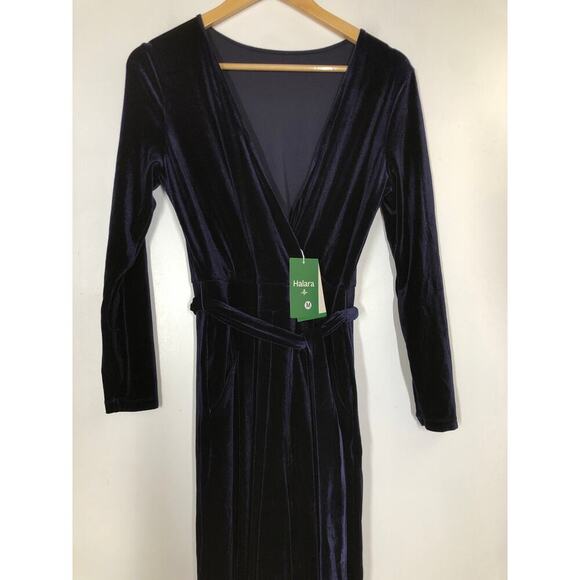 Halara Jumpsuit Velvet V-Neck Wrapped Long Sleeve Belted Wide Leg Blue NWT M - Picture 4 of 8